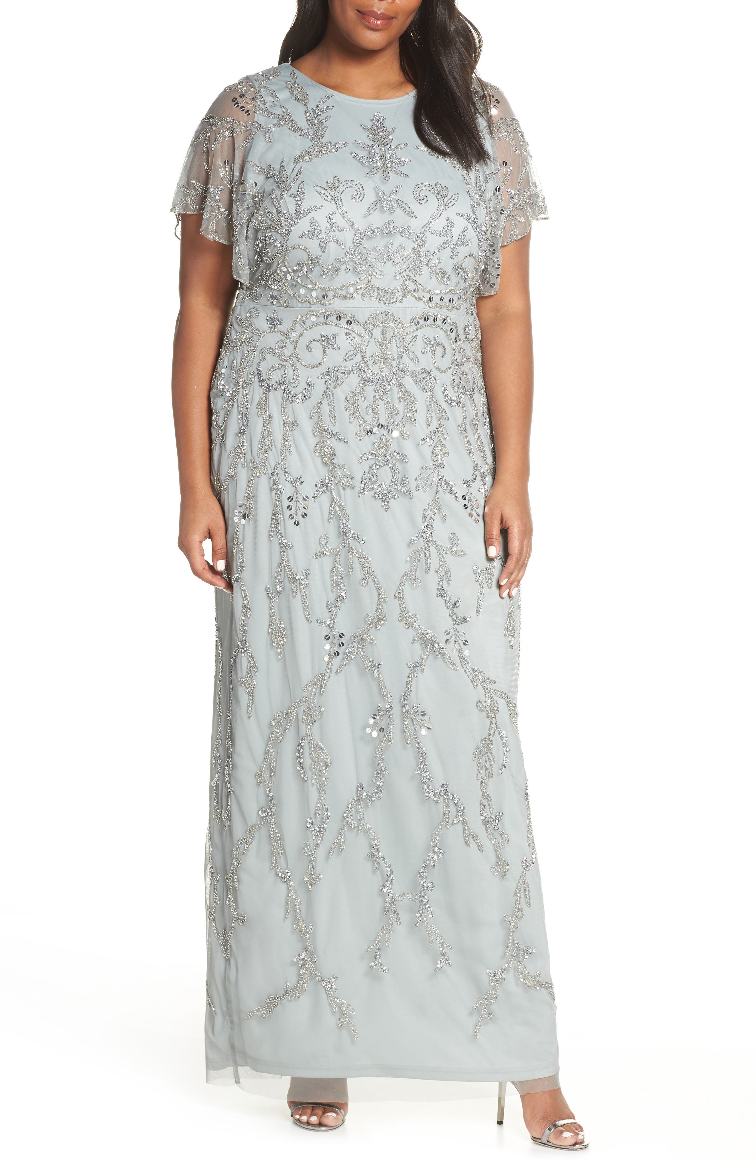 adrianna papell sequin beaded gown with flutter sleeves