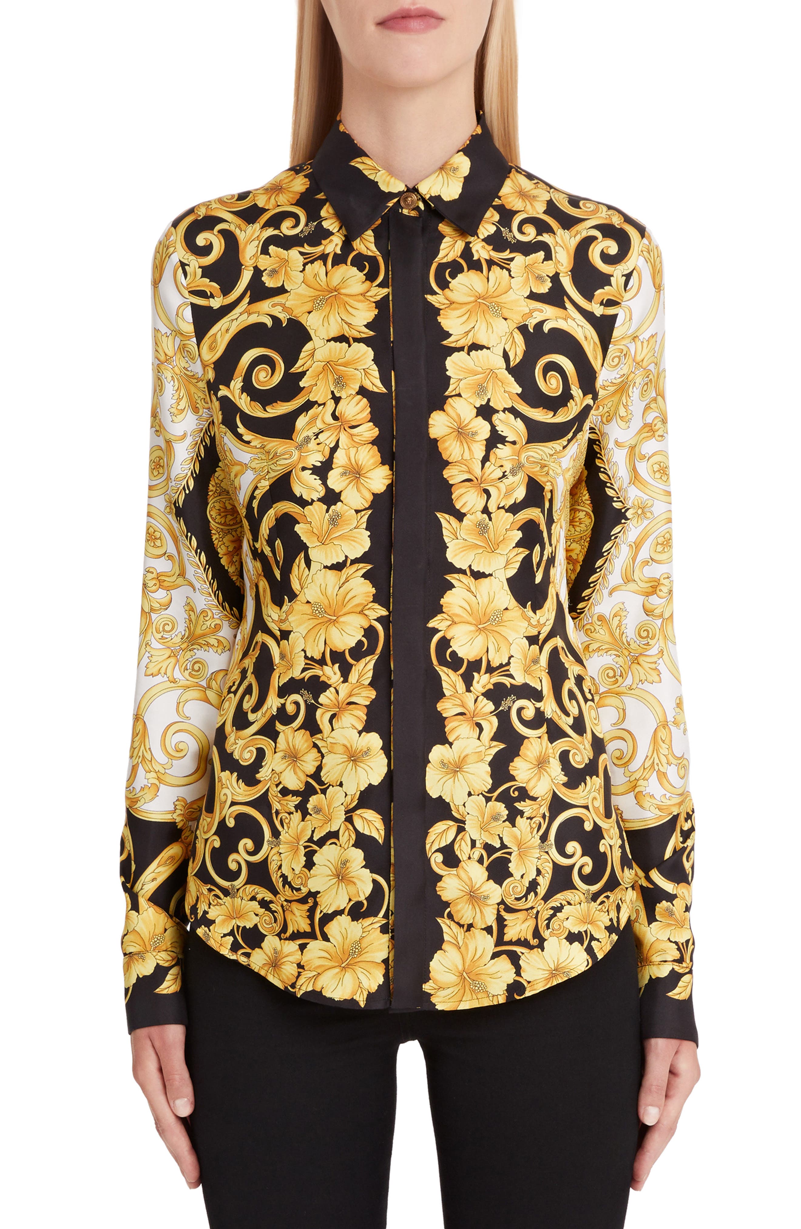 gold hibiscus print silk shirt