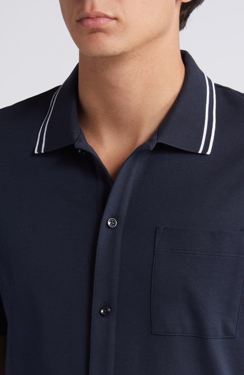 Shop Hugo Boss Boss Powell Tipped Short Sleeve Knit Button-up Shirt In Dark Blue