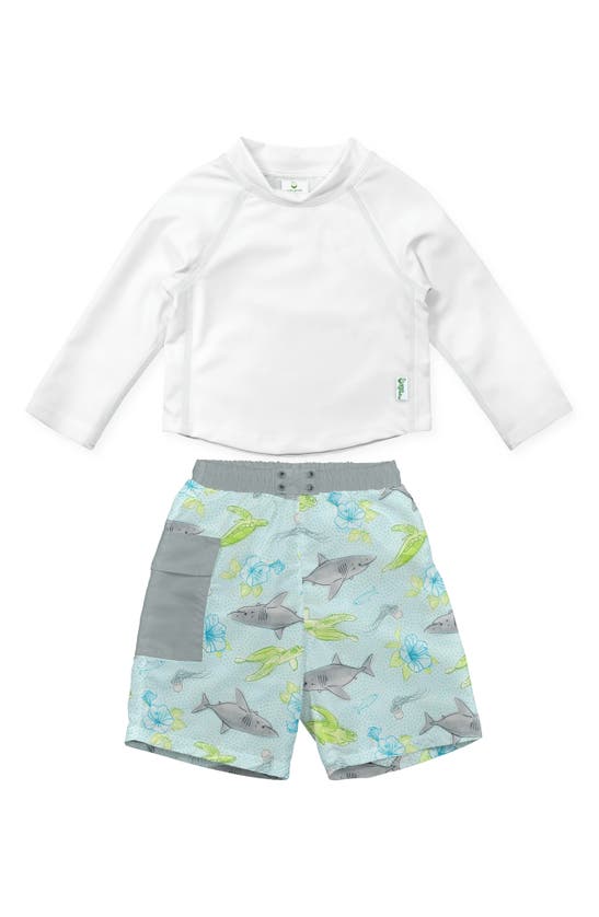 Green Sprouts Babies' Diaper Trunks & Rashguard Two-piece Swimsuit In Light Aqua Shark Sealife