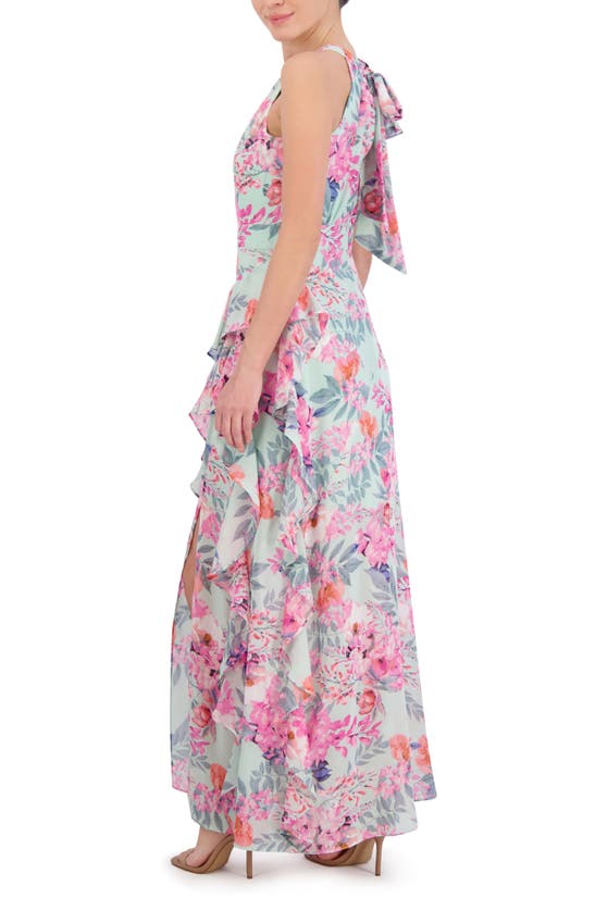 Shop Eliza J Floral Print Asymmetric Ruffle Sleeveless Maxi Dress In Mint