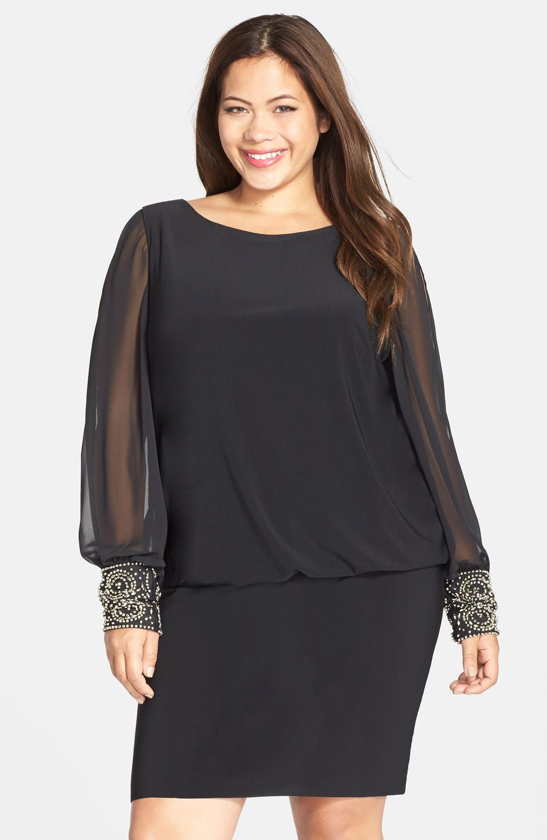 Xscape Embellished Cuff Jersey Blouson Dress (Plus Size) Nordstrom