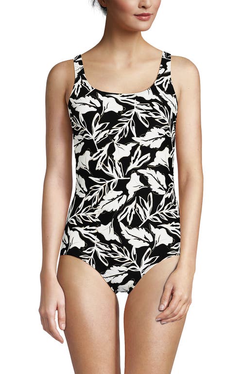 Shop Lands' End Scoop Neck Tugless Sporty One Piece Swimsuit In Black/egret Abstract Leaf