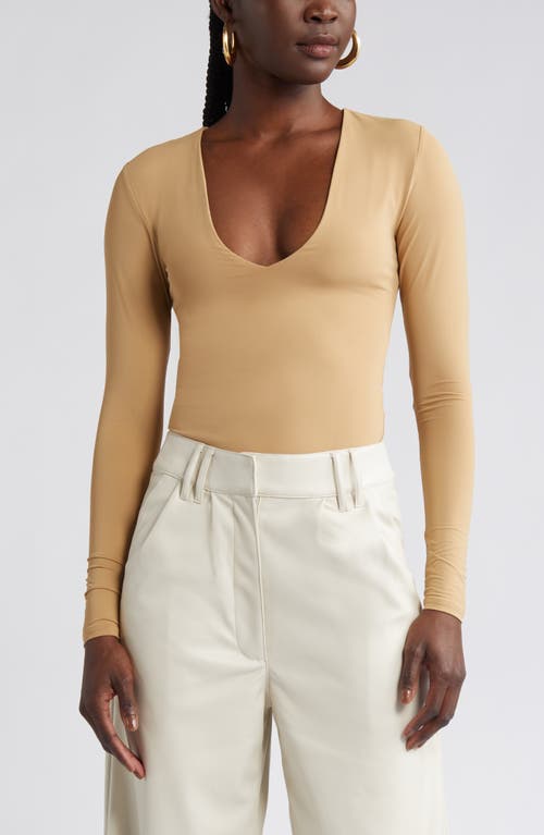 Open Edit Smooth Edit V-Neck Bodysuit in Tan Cartouche 