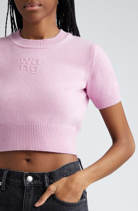 Shop Alexander Wang Embossed Logo Short Sleeve Crop Cotton & Wool Sweater In Light Pink