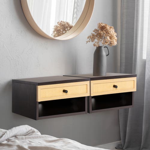Jonathan Y Celerie Mid-century Modern Floating Wall Mounted Nightstand With Soft-close Rattan Drawer In Black/light Oak