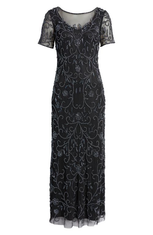 PISARRO NIGHTS PISARRO NIGHTS FLORAL BEADED SHORT SLEEVE A-LINE GOWN