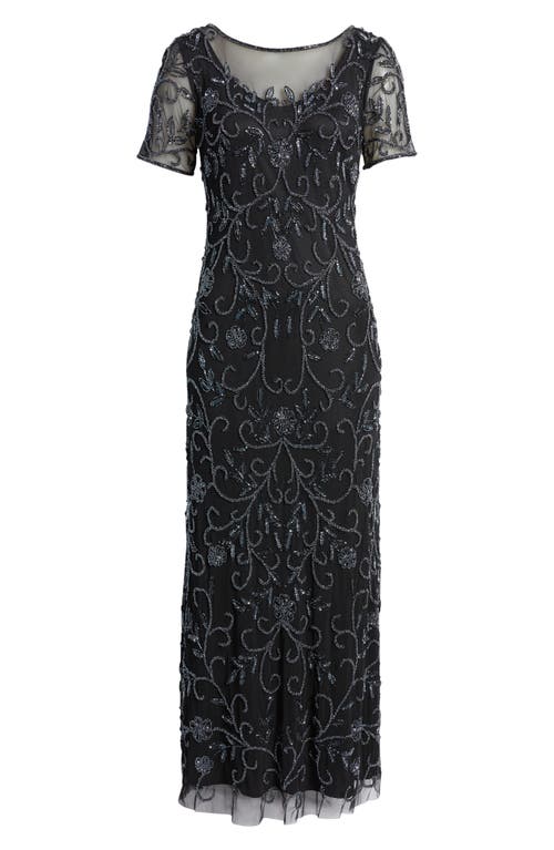 Shop Pisarro Nights Floral Beaded Short Sleeve A-line Gown In Black/gunmetal