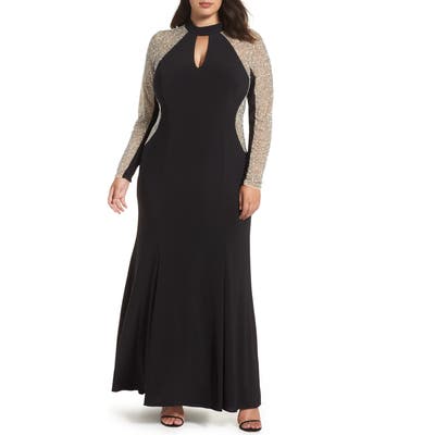 Plus Size Xscape Beaded A-Line Gown, Black