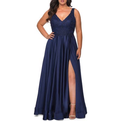 Plus Size La Femme Beaded Sleeveless Satin Gown, Blue