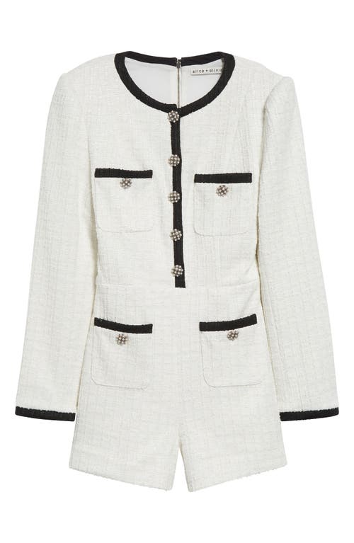 Shop Alice And Olivia Alice + Olivia Shiloh Patch Pocket Long Sleeve Tweed Romper In Off White/black