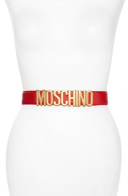 Moschino Logo Plate Leather Belt In Red/ Gold