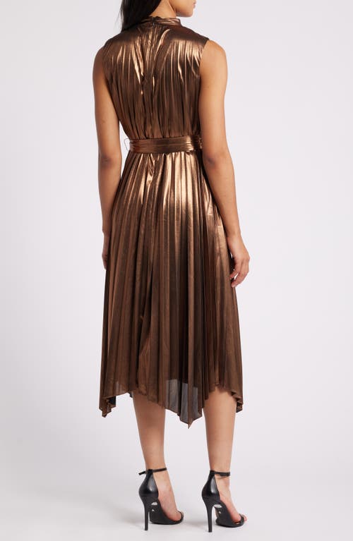 Shop Tahari Asl Pleated Satin Mock Neck Tie Waist Dress In Chocolate