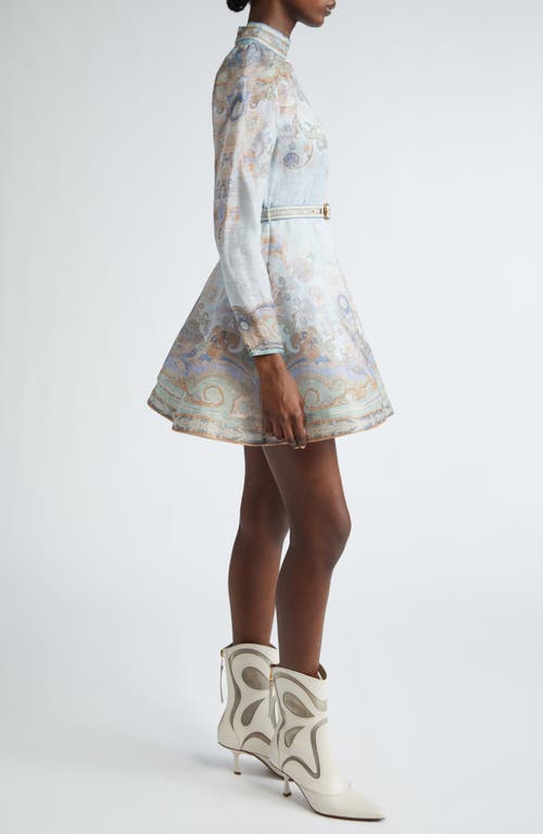 Shop Zimmermann Eden Belted Long Sleeve Linen & Silk Minidress In Blue Paisley