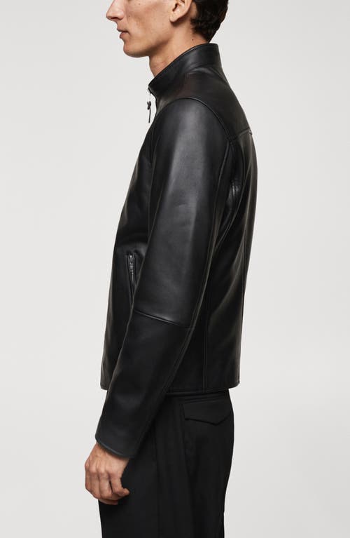 Shop Mango Leather Biker Jacket In Black