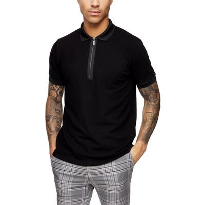 Topman Zip Pique Polo, Black