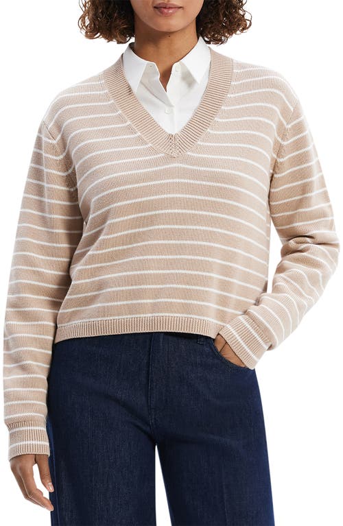 Shop Theory Waverly Stripe Cotton V-neck Crop Sweater In Light Camel/white