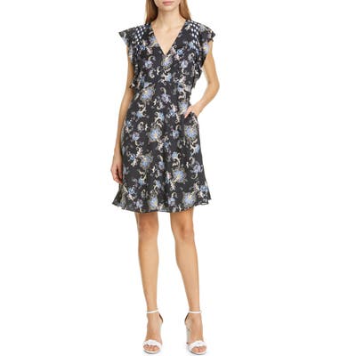 Rebecca Taylor Ruffle Paisley Silk Blend Dress, Black