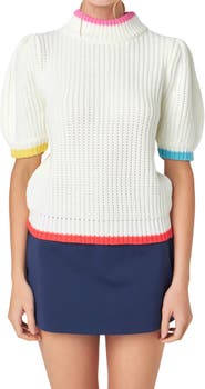Tipped Trim Short Sleeve Shaker Stitch Sweater