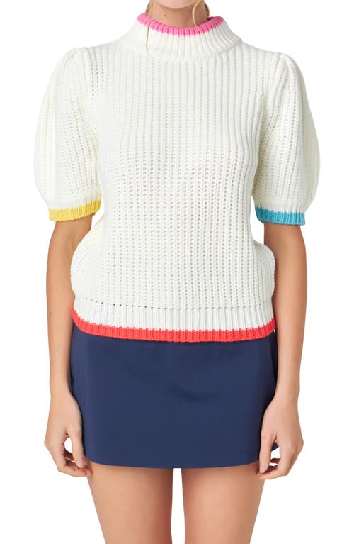 English Factory Tipped Trim Short Sleeve Shaker Stitch Sweater Multi at Nordstrom,