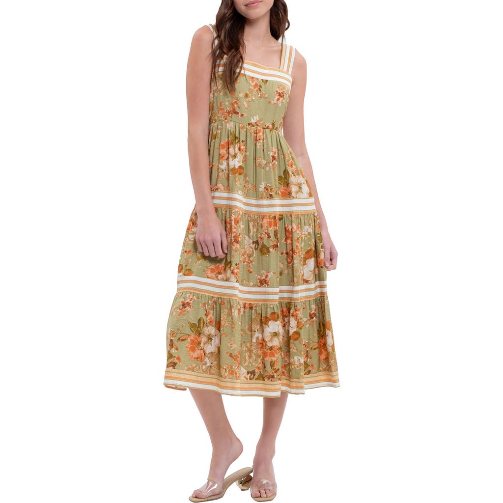 August Sky Sleeveless Tiered Midi Dress In Olive Multi