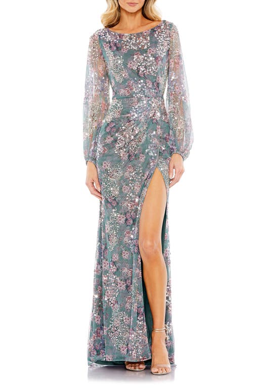 Shop Mac Duggal Sequin Floral Long Sleeve Gown In Grey Multi