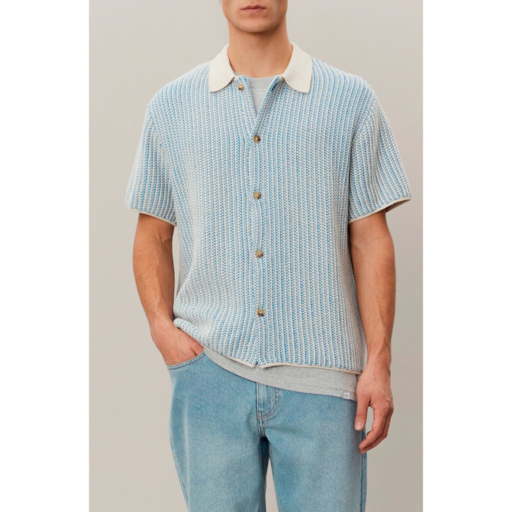 Les Deux Easton Short Sleeve Button-up Sweater In Washed Denim Blue/ivory