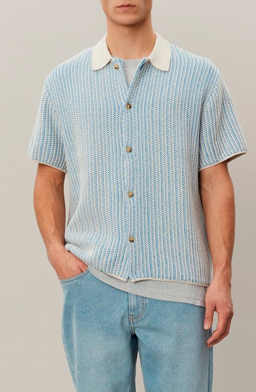 Shop Les Deux Easton Short Sleeve Button-up Sweater In Washed Denim Blue/ivory