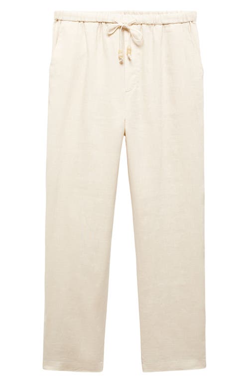 Shop Mango Elastic Waist Crop Straight Leg Linen Pants In Ecru