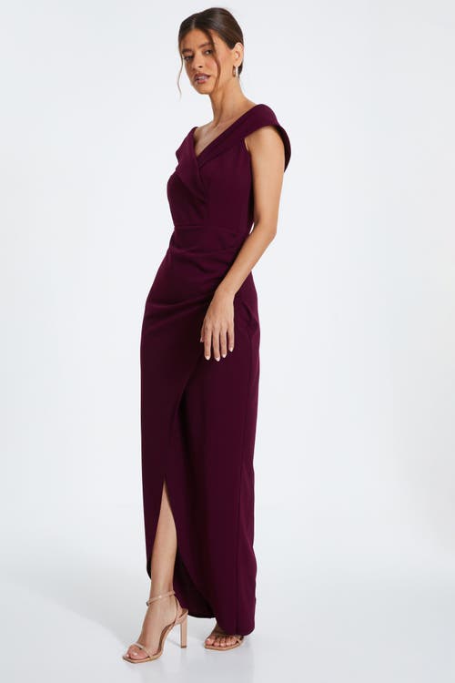 Shop Quiz Scuba Crepe Wrap Bardot Maxi Dress In Plum