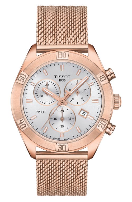 Tissot Women's Swiss Chronograph Pr 100 Sport Chic T-classic Rose Gold-tone Stainless Steel Mesh Bracelet W In Rose Gold/silver/rose Gold