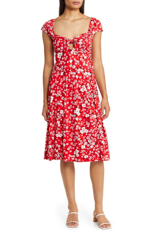 Loveappella Floral Tie Front Cap Sleeve A-Line Dress Red at Nordstrom,