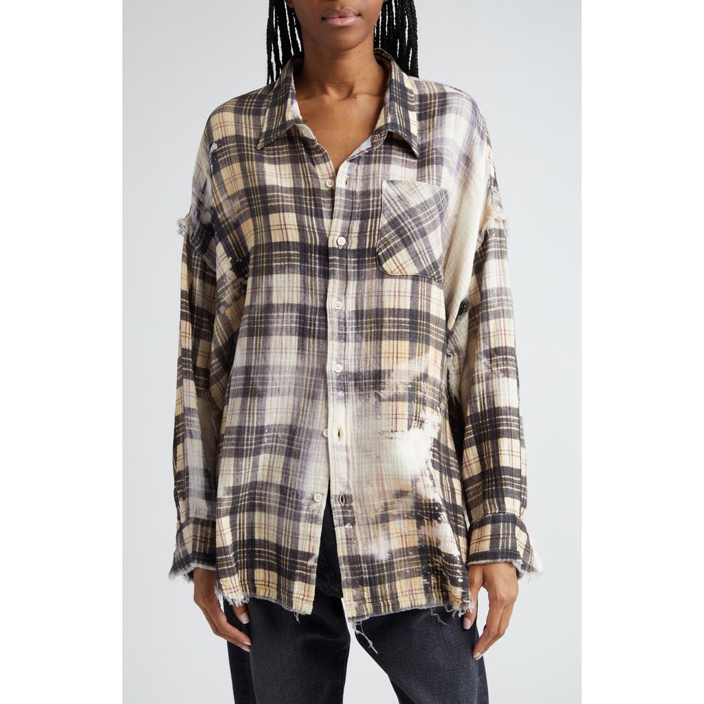 R13 Shredded Seam Bleached Plaid Oversize Cotton Flannel Button-up Shirt In Black