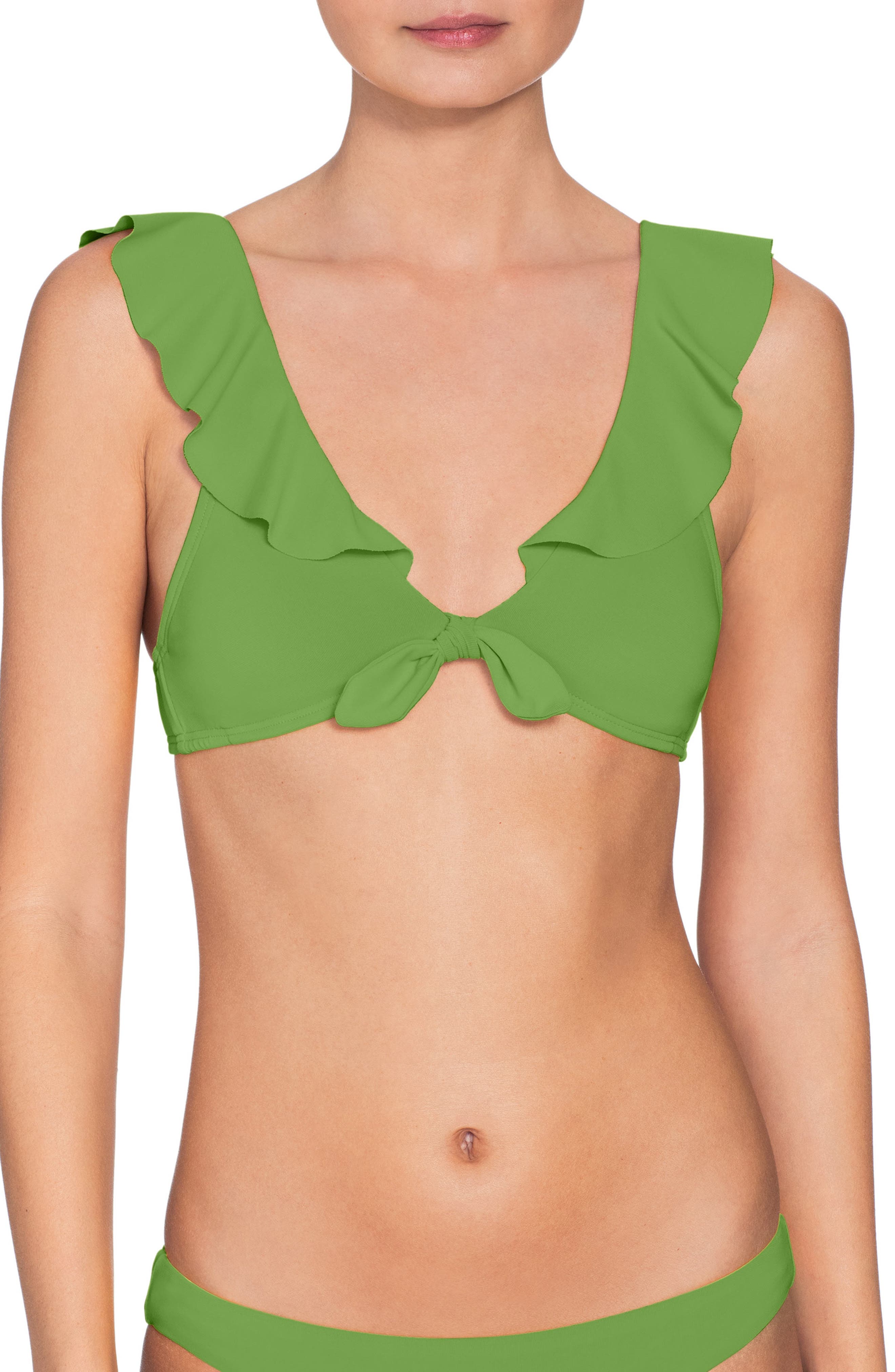 Robin Piccone Ava Ruffle Tie Front Bikini Top, Green