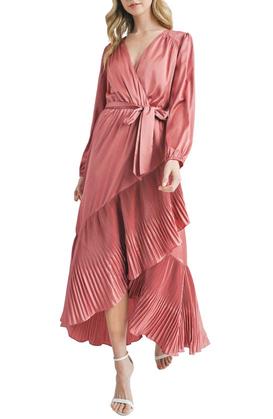 Shop Mila Mae Asymmetric Pleated Belted Long Sleeve Dress In Mauve