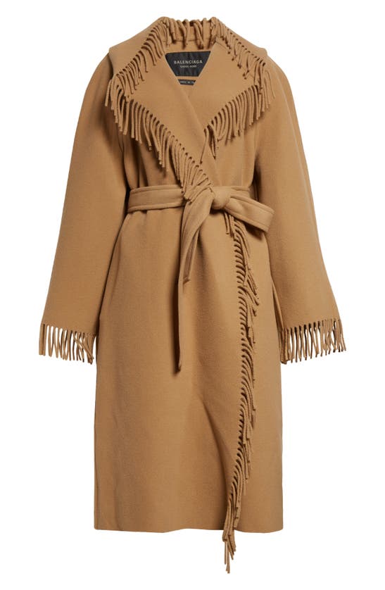 Shop Balenciaga Fringe Wool Hooded Wrap Coat In Praline Beige