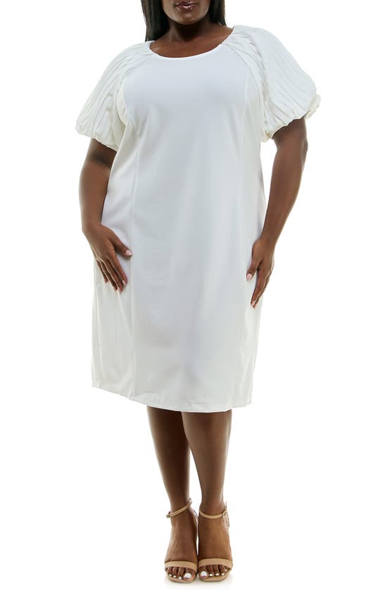 Nina Leonard Pleat Puff Sleeve Midi Dress In Ivory
