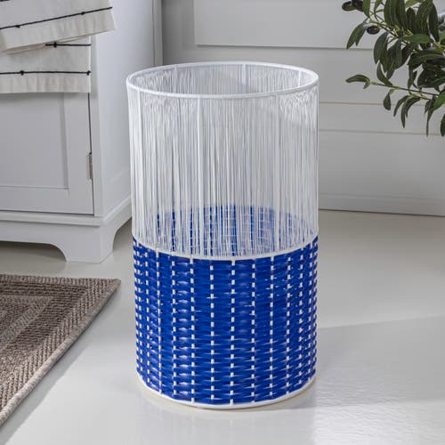 Happimess Harper Modern 2-tone Faux Wicker Cylinder Waste Basket In White/blue