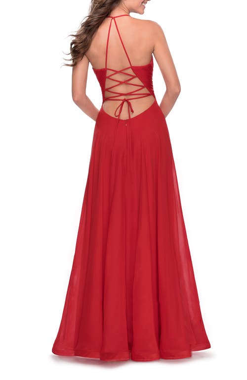 Shop La Femme Long Chiffon Prom Dress With Unique Lace Up Back In Red