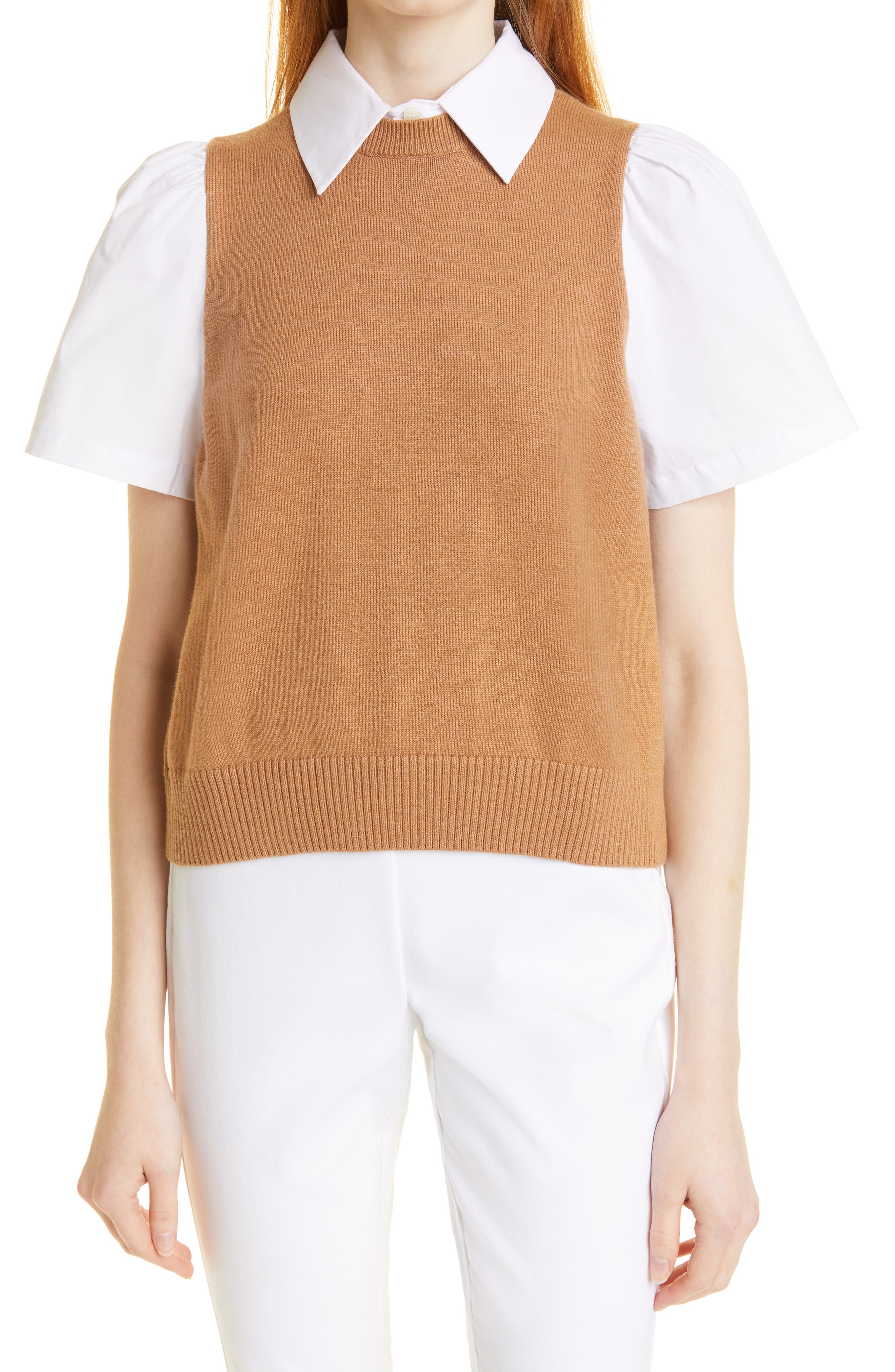 STAUD Arya Detachable Collar Mixed Media Top in Tan/White at Nordstrom, Size X-Small