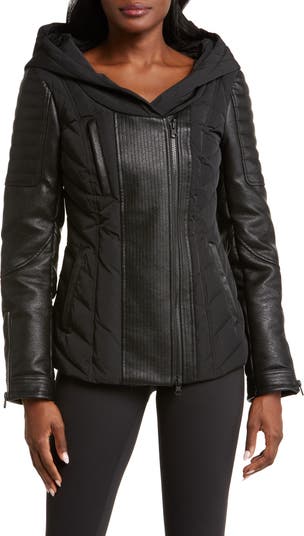 Blanc Noir Sophia Hooded Mixed Media Faux Leather Quilted Jacket