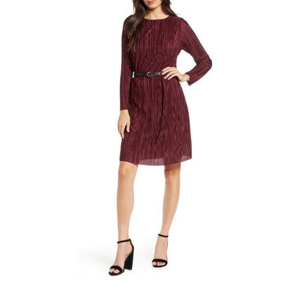 Sam Edelman Long Sleeve Belted Plisse Dress, Red