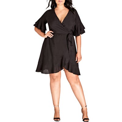 Plus Size City Chic Flounce Sleeve Dress, Black