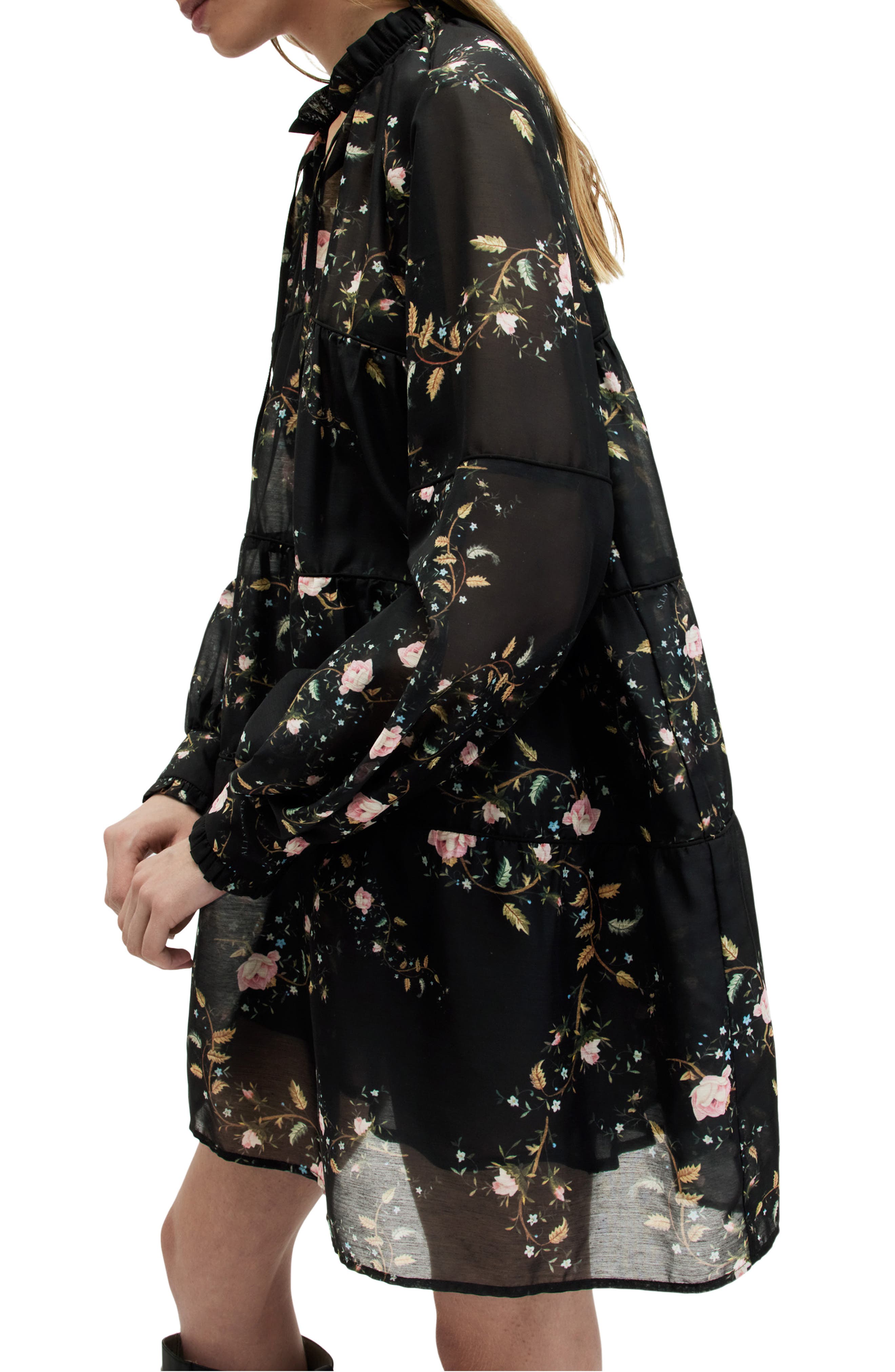 AllSaints Mindy Floral Long Sleeve Trapeze Minidress in Black | Smart Closet