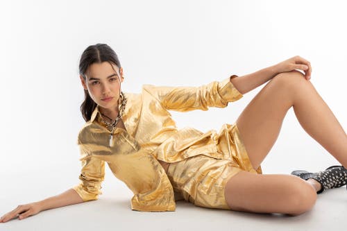 Lanhtropy San Marino Metallic Linen Shirt In Gold