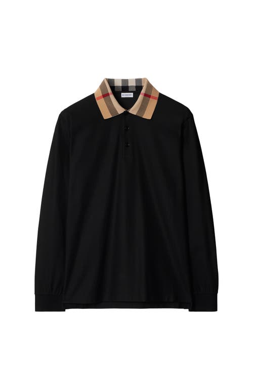 Burberry Cody Beige Polo Shirt With Long Sleeves And Check Motiv On The Collar In Cotton Man In Black