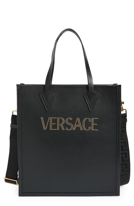 Versace Studded Logo Leather Tote Bag In Black