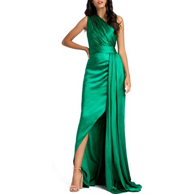 MAC Duggal One-Shoulder Faux Wrap Satin Gown, Green