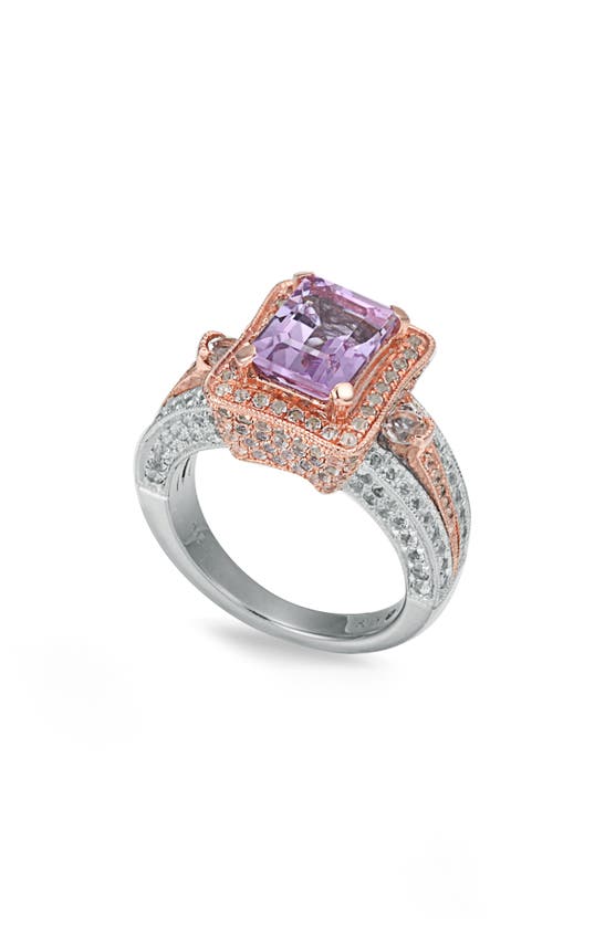 Suzy Levian Two-tone Emerald Cut Amethyst & White Topaz Halo Ring In Pink