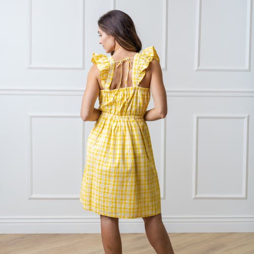 Hope & Henry Womens' Flutter Sleeve Sun Dress In Yellow Plaid Linen
